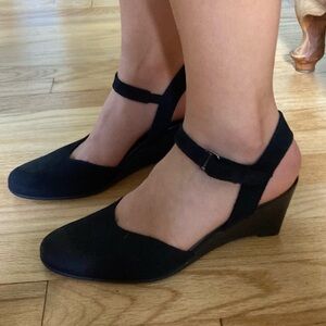 Arche Black nubuck wedges with ankle straps